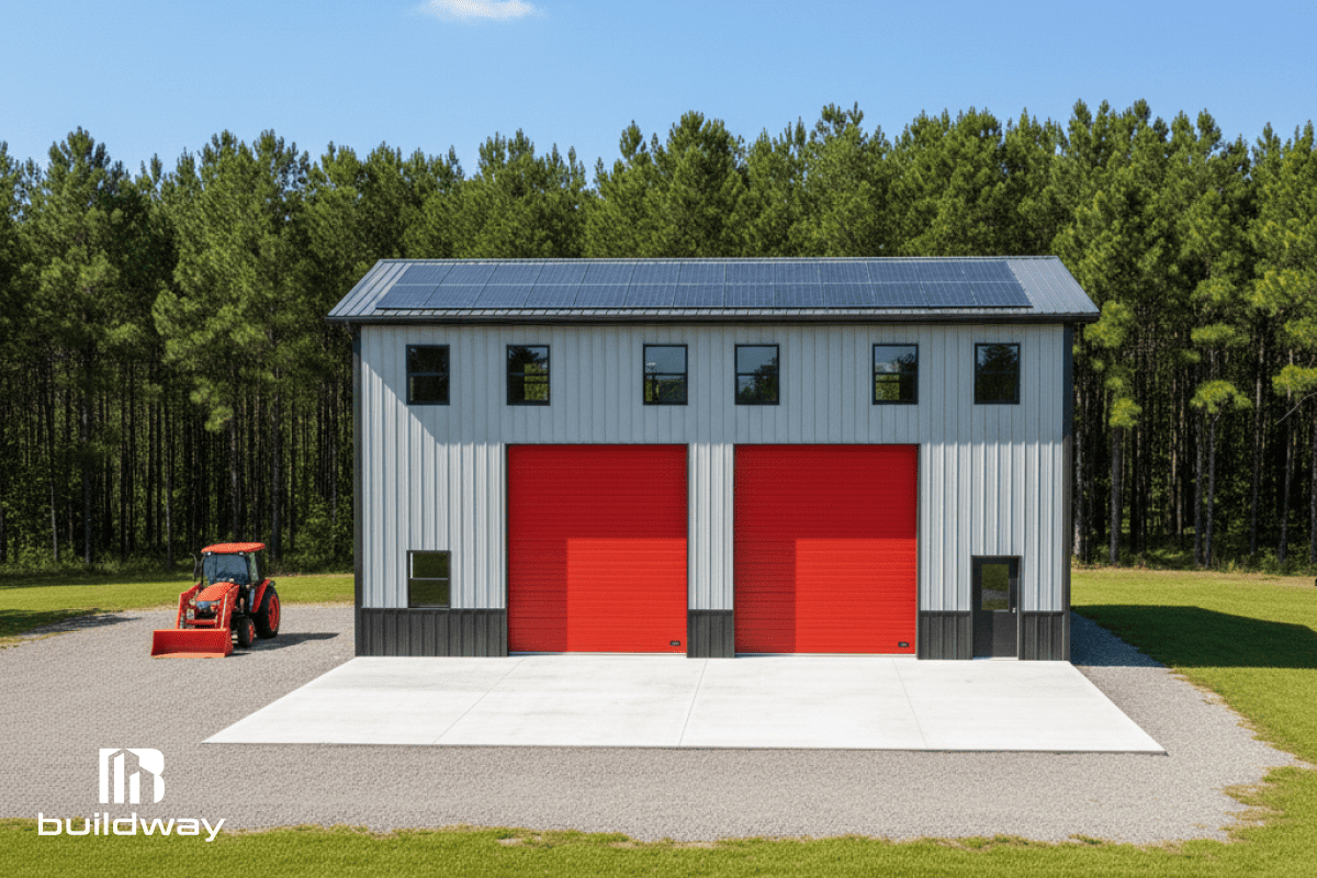 Exterior front view of a two-story steel workshop with twin red doors and a gabled roof, surrounded by green trees.
