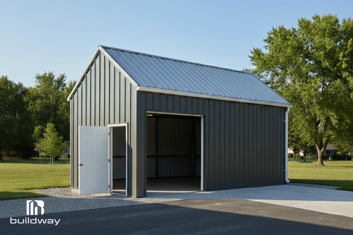 Front view of a compact steel garage with a roll-up door and side entry, featuring a clean modern design.