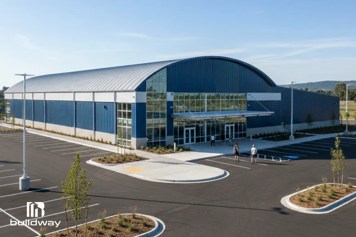Exterior view of a modern steel sports facility with a curved roof and glass entrance during daytime.