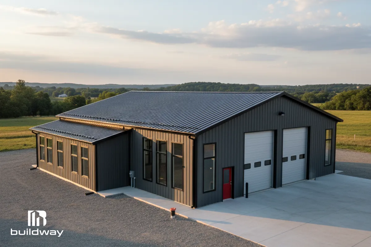 Exterior view of a modern steel workshop building with large garage doors and a side office extension.