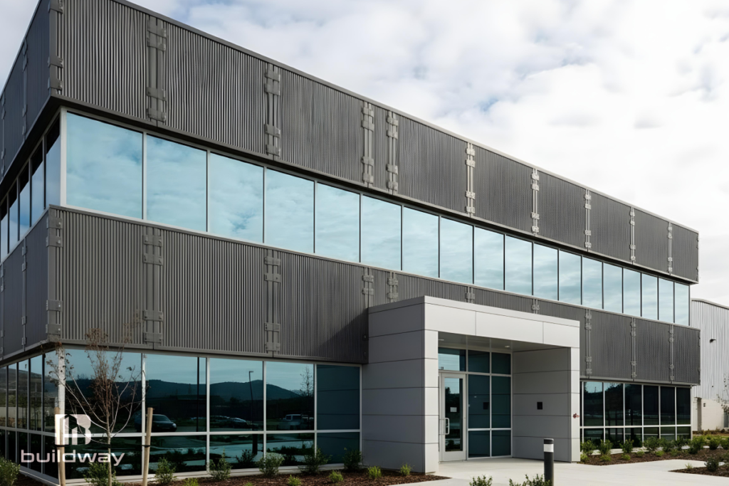Contemporary two-story steel office building with large glass windows and a modern entrance, showcasing Buildway’s sleek and professional commercial design.