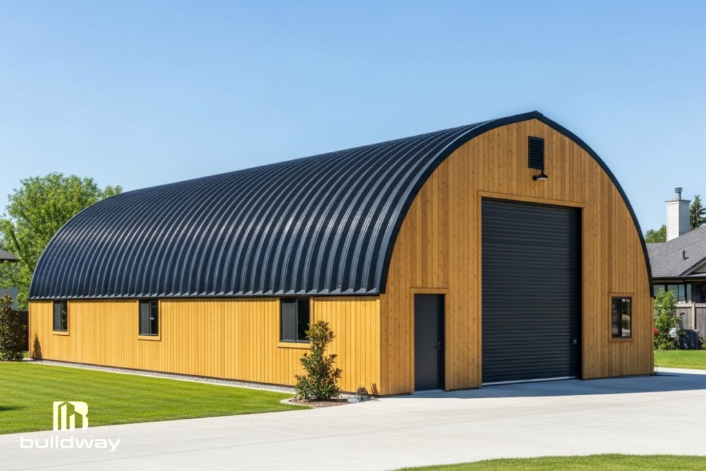 Modern arched roof wooden garage with a black metal door, built by Buildway. A stylish and durable storage solution for residential properties.