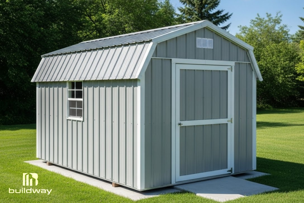 Compact gray metal shed with a gable roof and window, built by Buildway. A durable and stylish storage option for residential backyards.