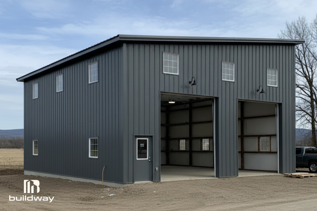 Two-story gray metal workshop building with wide garage doors, built by Buildway. Designed for residential projects and personal workspaces.
