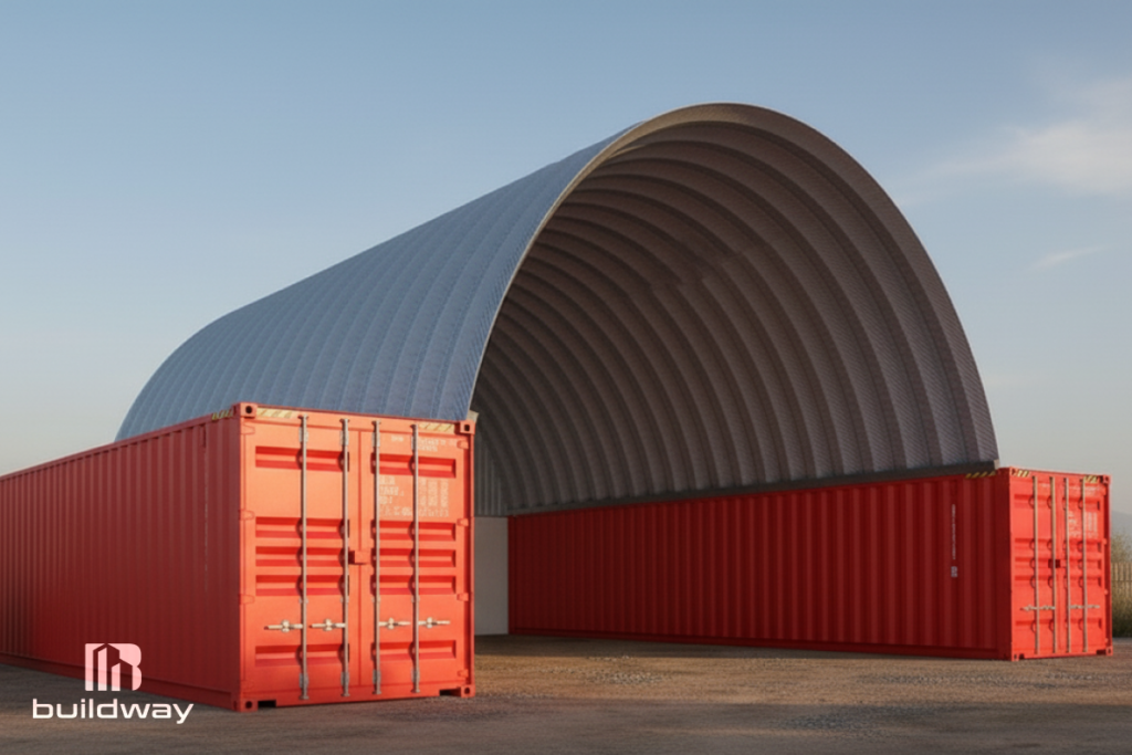 Modern arched metal shelter built between two red shipping containers, designed by Buildway for versatile residential storage and workspace solutions.