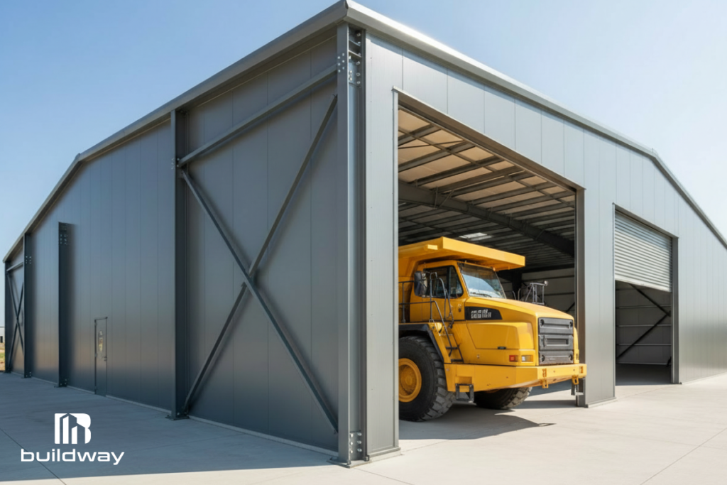 Large industrial equipment storage building with wide open bays, housing a yellow dump truck inside, featuring a durable steel frame and metal siding, designed by Buildway.
