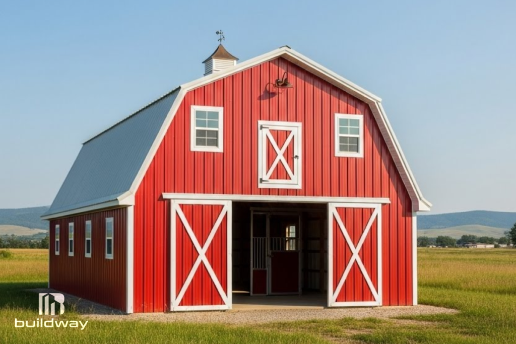 Traditional red barn-style agricultural storage building with white trim and double doors, set in an open field with mountains in the background, designed by Buildway.