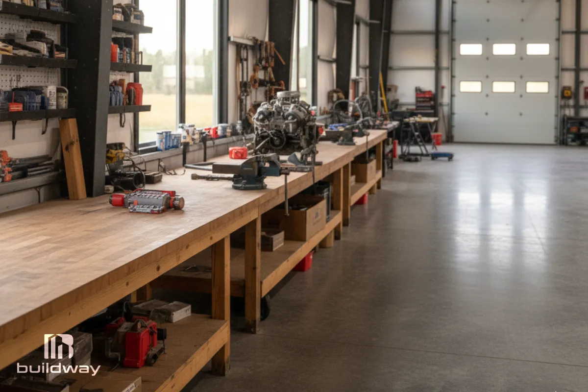 Interior view of the workshop featuring long wooden workbenches and mechanical tools.