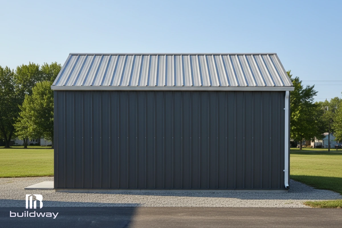 Side elevation of the gray steel garage showing the durable wall panels and sloped metal roof.