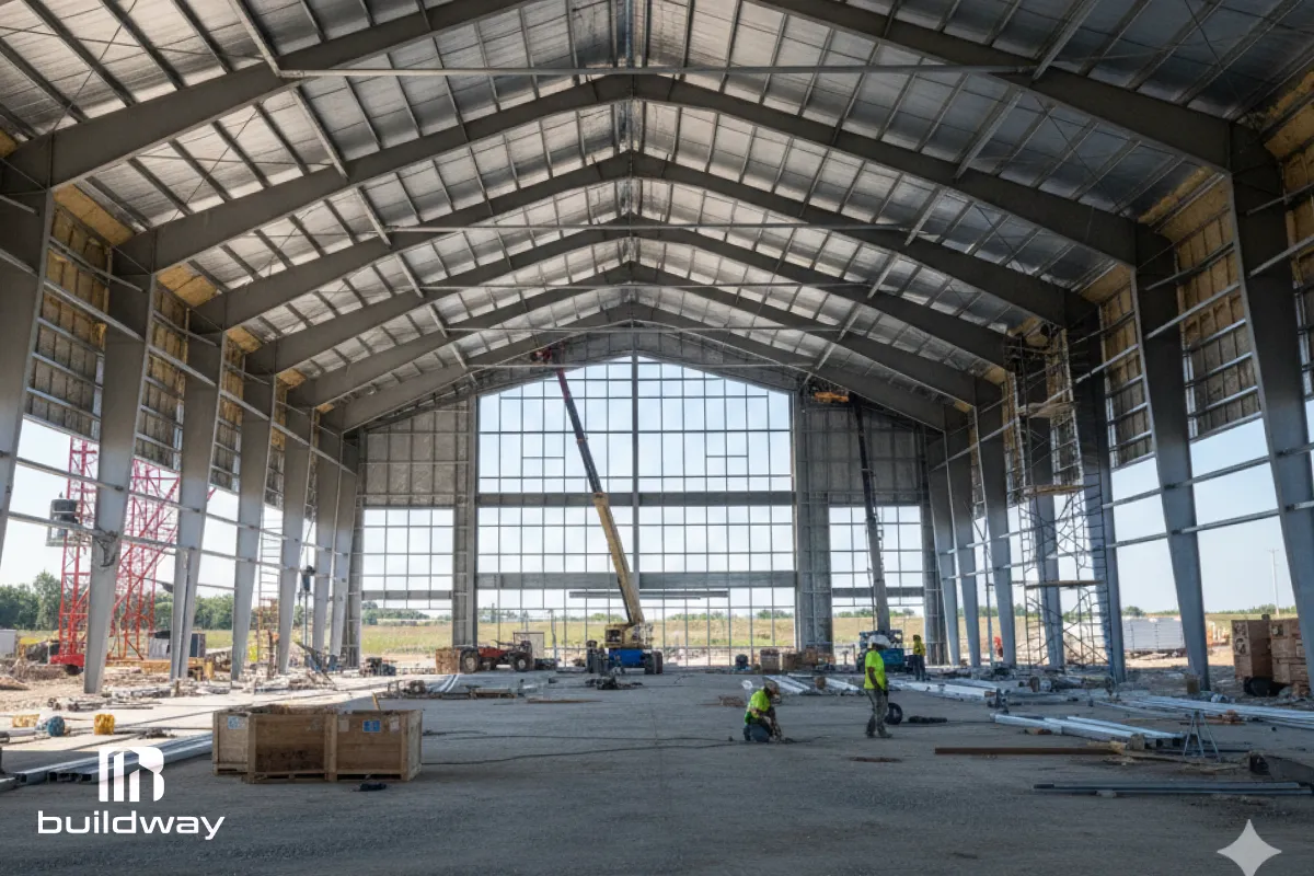 Construction phase view showing the steel frame structure of the sports building with workers on-site.