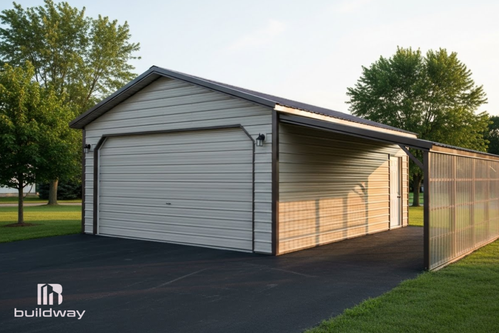 Light-colored metal garage with a roll-up door and side carport, built by Buildway. A practical and durable option for residential parking and storage.