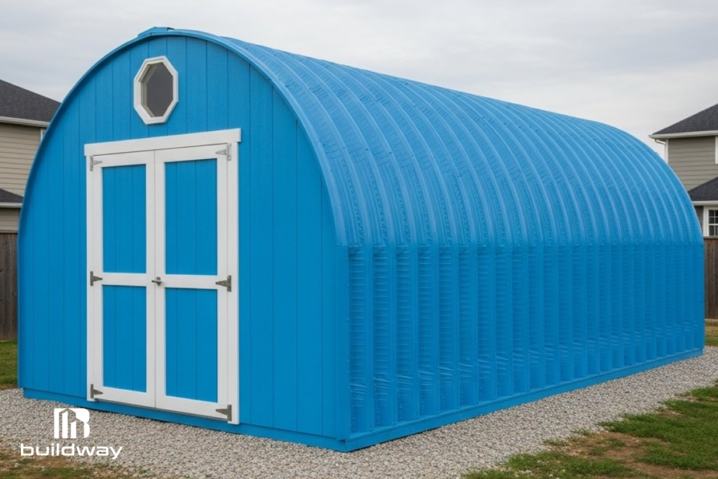 Bright blue arched metal storage shed with white double doors, built by Buildway. A sturdy and modern solution for home storage needs.
