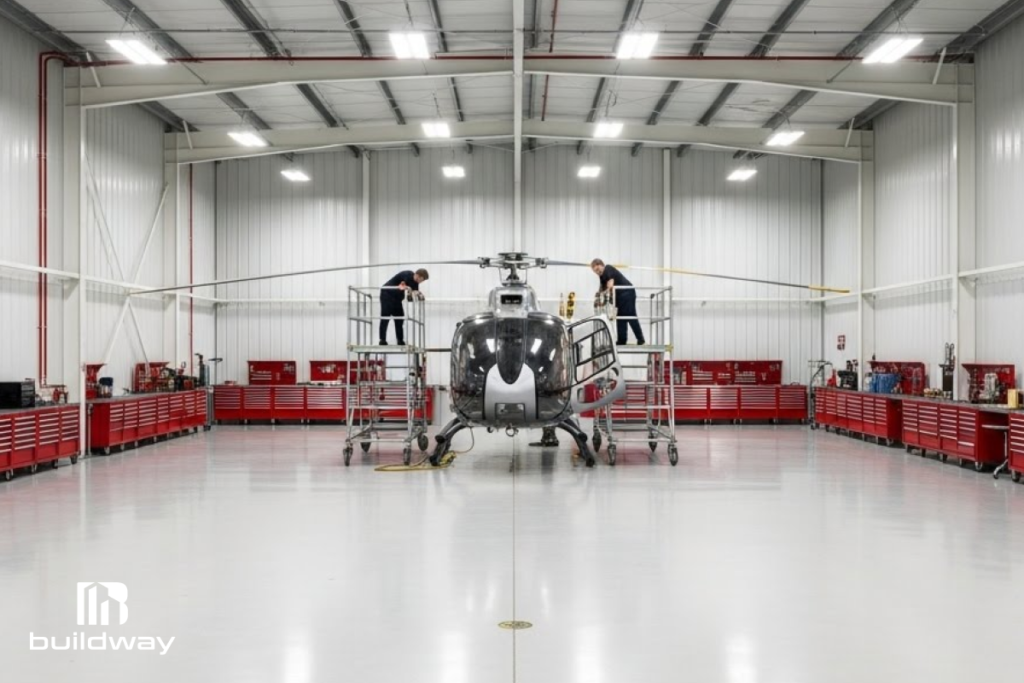Technicians working on a helicopter inside a bright, spacious steel hangar with organized red tool cabinets, highlighting Buildway’s professional aviation facility design.