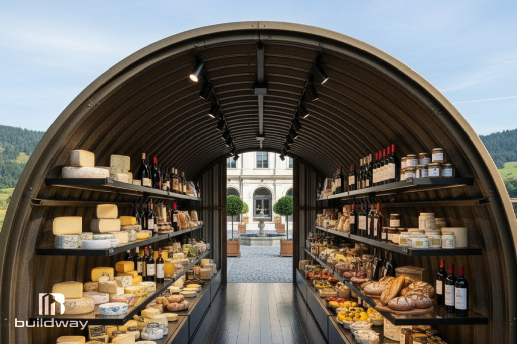 Interior view of an arched Quonset-style retail shop filled with shelves of cheese, bread, and wine, showcasing Buildway’s modern steel structure design for commercial use.