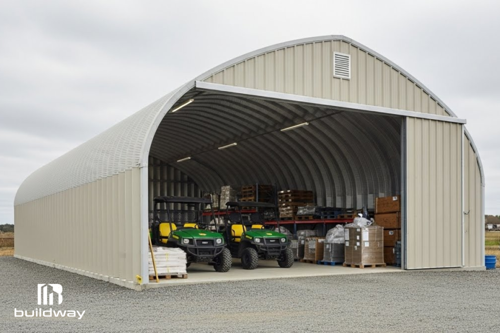 Spacious metal equipment storage building with arched roof, housing utility vehicles, pallets, and machinery, designed by Buildway.