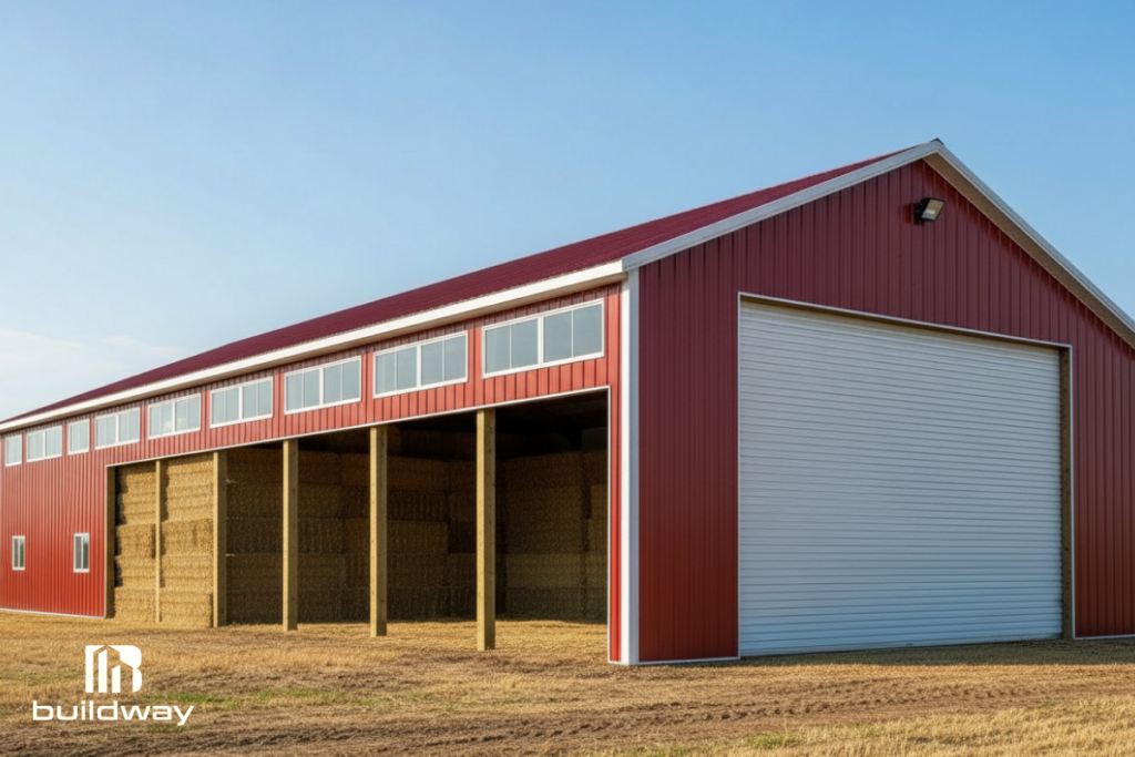 Large red metal agricultural storage building with open bays filled with hay bales and a white roll-up door, situated on a rural farm, designed by Buildway.