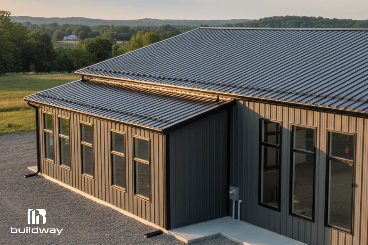 Close-up of the steel building’s side extension with multiple windows and a dark metal finish.