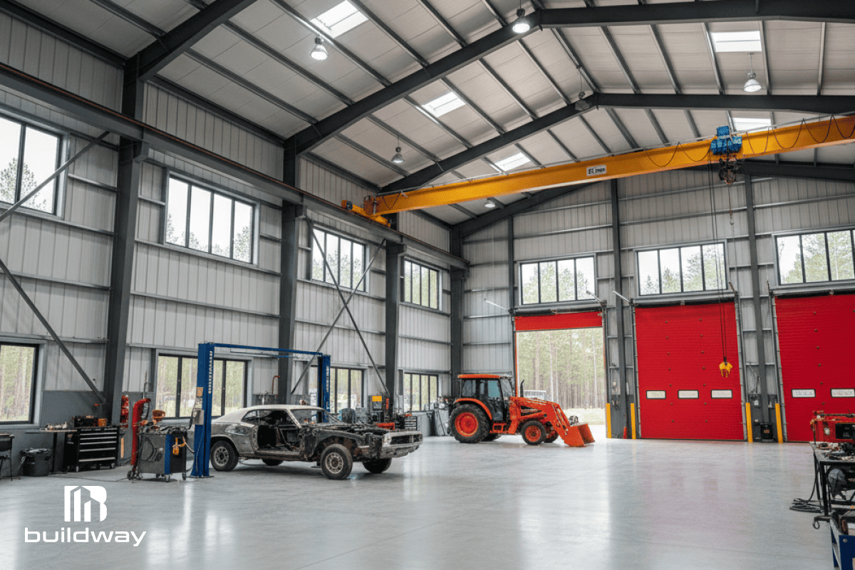 Spacious interior of the steel workshop with cranes, machinery, and large red doors providing ample access.