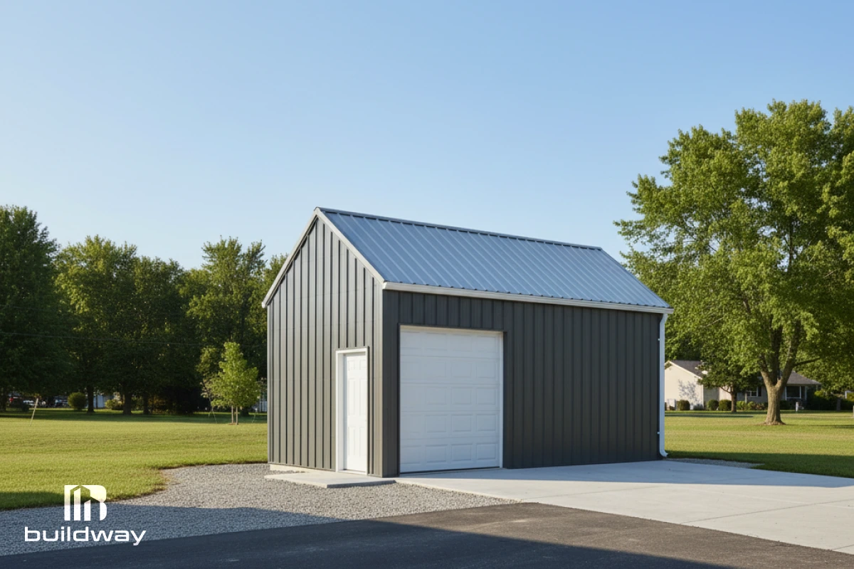 Angled exterior view of the garage displaying the roll-up door and concrete driveway under a clear sky.