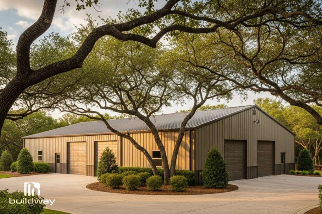 Spacious metal garage with multiple doors surrounded by trees and landscaped greenery, built by Buildway. A durable and attractive solution for residential storage and parking.