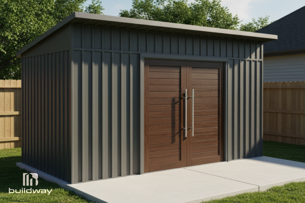 Modern backyard shed with dark metal siding and wooden double doors, built by Buildway. A sleek and durable storage solution for residential use.