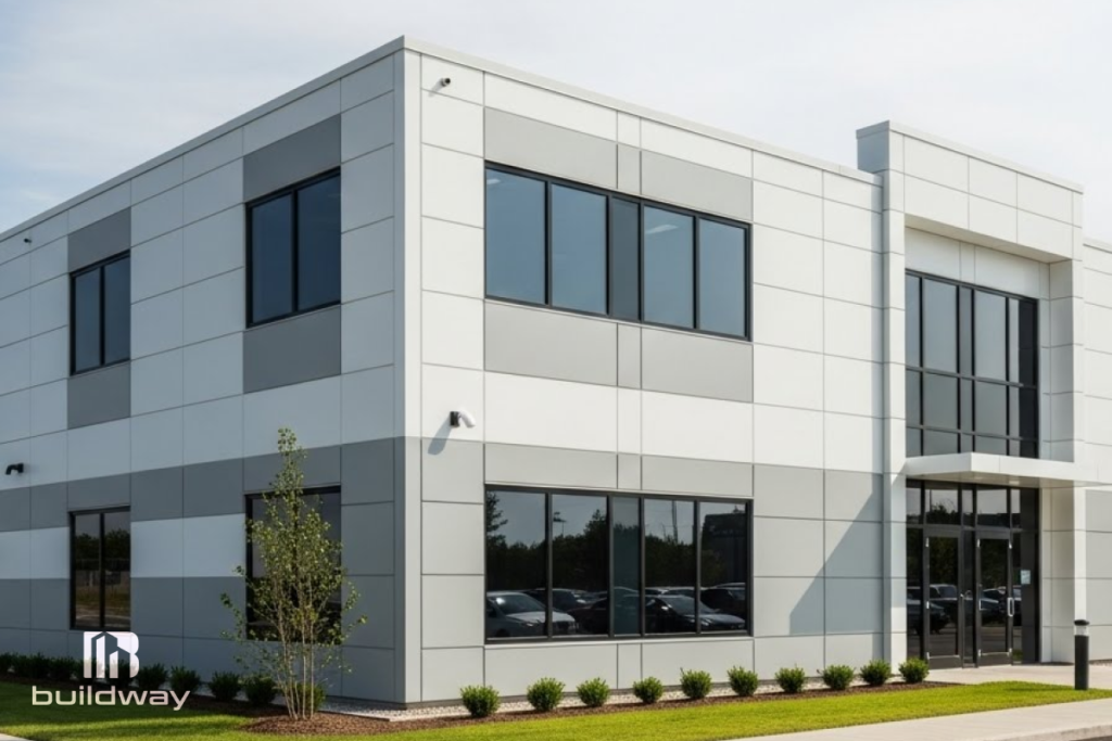 Two-story modern commercial office building with a sleek gray exterior and large black-framed windows, designed by Buildway to highlight clean lines and contemporary architecture.