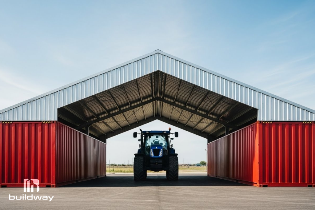 Agricultural sea container structure with a gable steel roof supported by two red shipping containers, housing a blue tractor, designed by Buildway.
