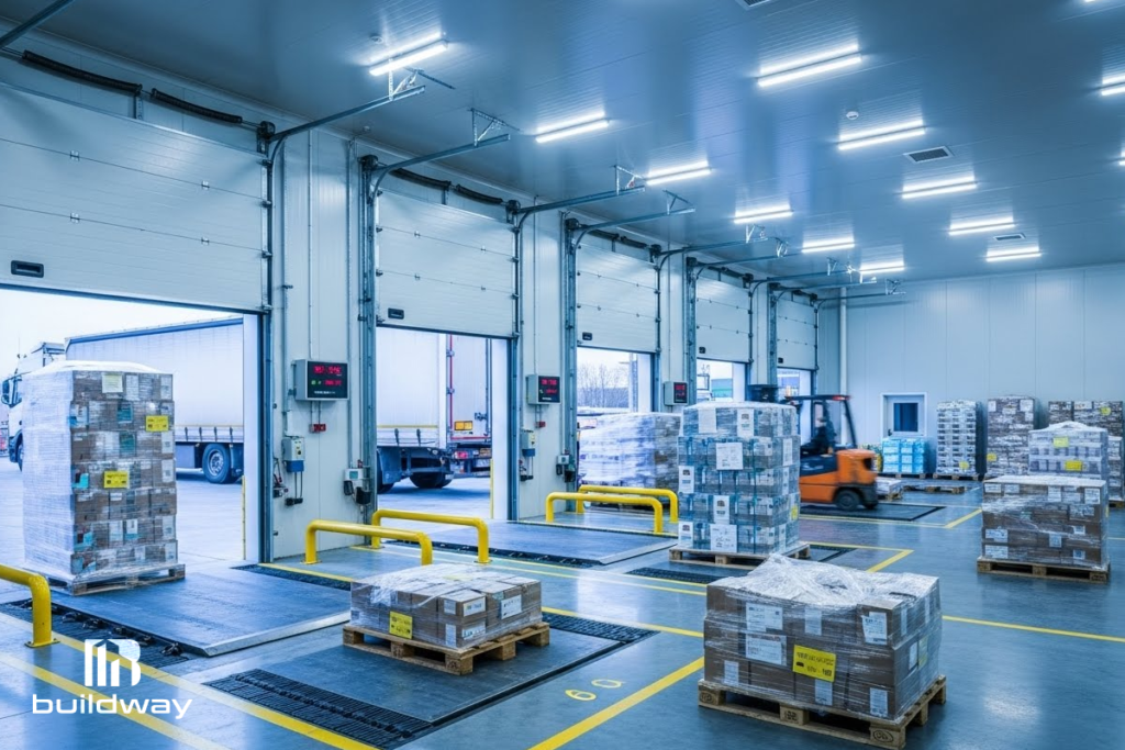 Interior of an industrial cold storage facility with multiple loading bays, pallets of goods, and a forklift operating under bright LED lighting, designed by Buildway.