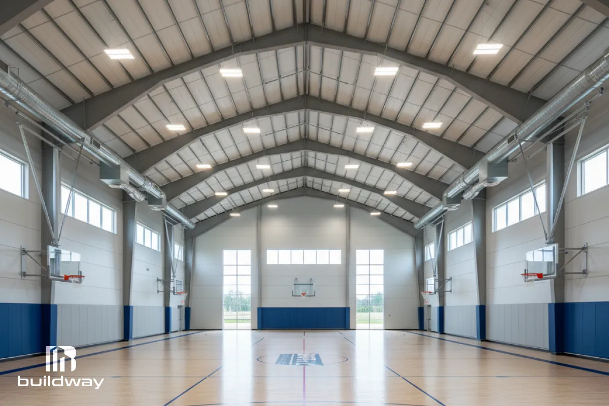 Interior view of the completed basketball court inside the steel building with high arched ceilings.