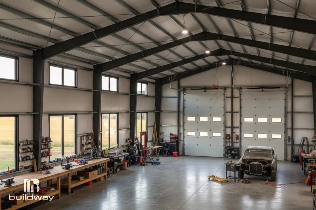 Wide interior shot of the spacious steel workshop with high ceilings and large doors.
