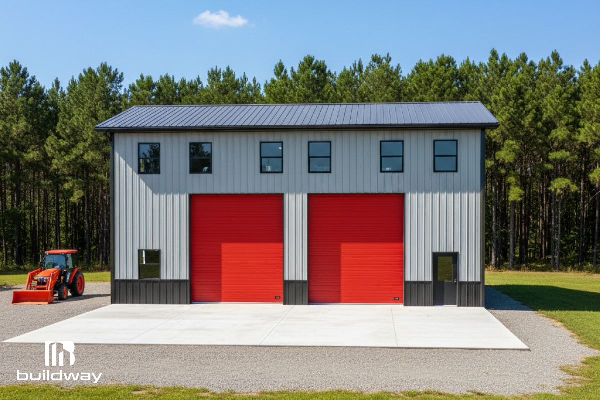 Daytime exterior view of the Buildway workshop, featuring red doors, multiple windows, and a strong steel frame.