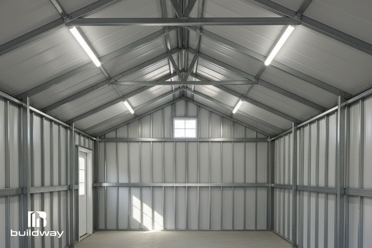 Interior view of the garage showing steel framing, bright lighting, and ample open storage space.