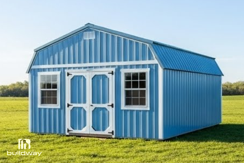 Light blue metal shed with white double doors and windows, built by Buildway. A bright and durable storage option for residential properties.