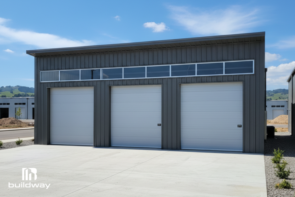 Modern three-door metal storage garage with sleek design and large windows, built by Buildway. Perfect for organized home and vehicle storage.