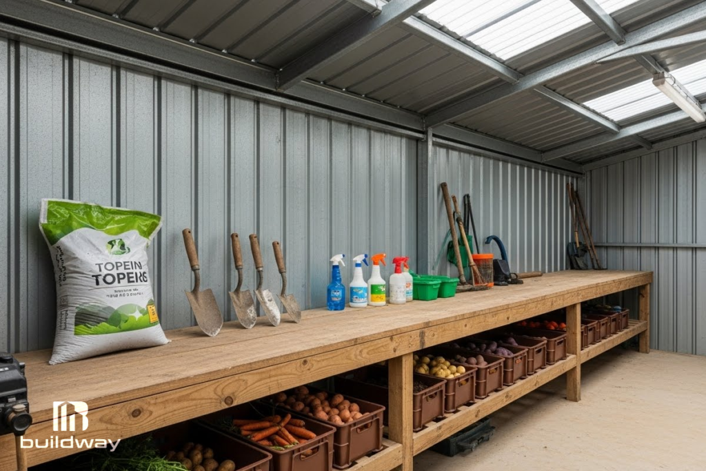 Metal workshop with wooden workbench, tools, and gardening supplies neatly organized inside, built by Buildway. Perfect for DIY and home maintenance projects.
