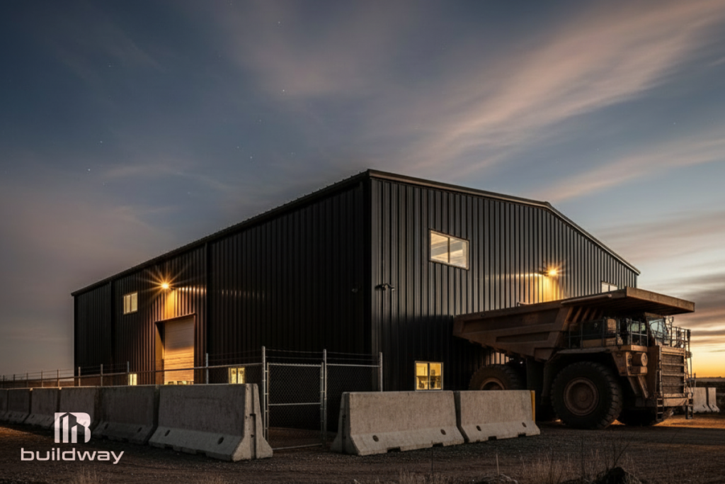 Large steel equipment storage building illuminated at dusk, with a heavy-duty dump truck parked outside, designed by Buildway.