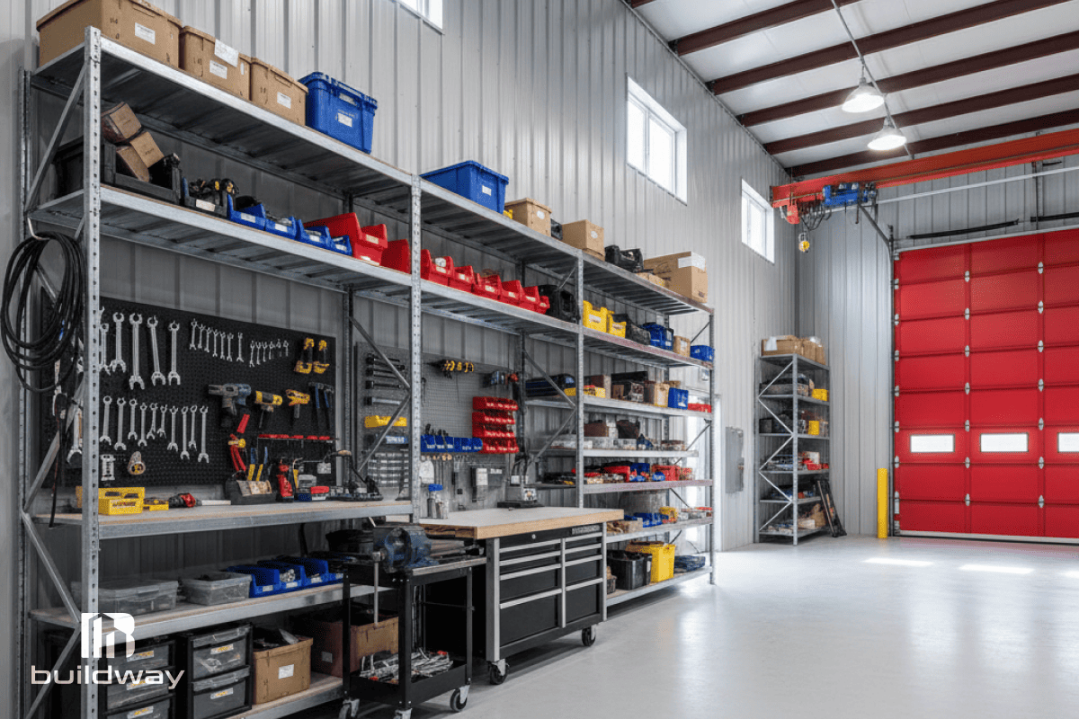 Organized workshop interior with metal shelving, tools, and workspace under bright lighting and red doors.