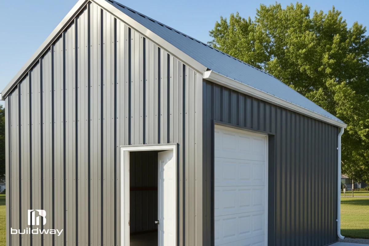 Close-up side perspective highlighting the steel siding, roofline, and dual-access doors.
