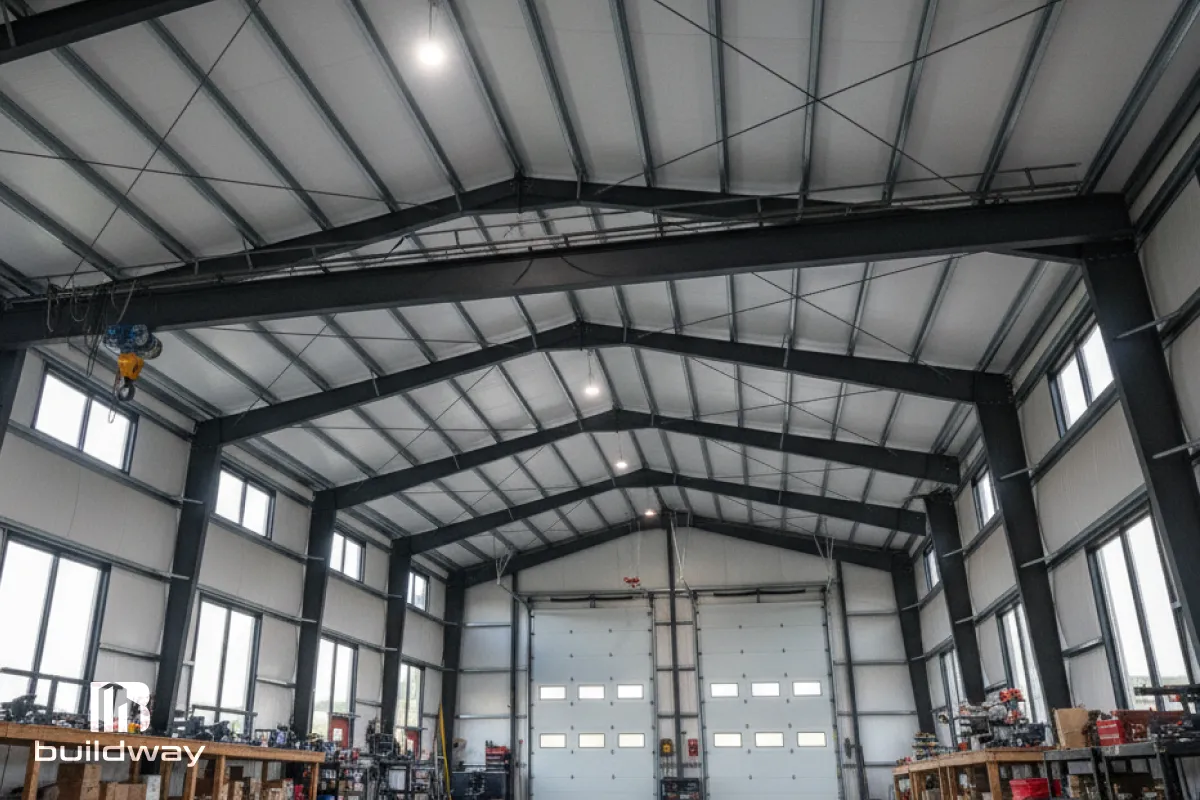 View of the steel framework and ceiling beams inside the workshop.
