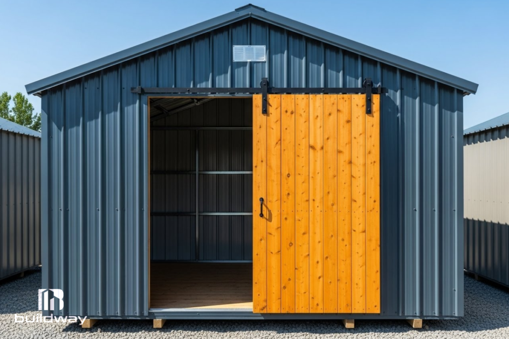Gray metal shed with a bright wooden sliding door and open interior, built by Buildway. Designed for convenient and durable backyard storage.
