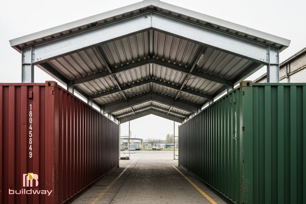 Agricultural sea container shelter with a steel gable roof supported by red and green shipping containers, providing covered farm storage space, designed by Buildway.