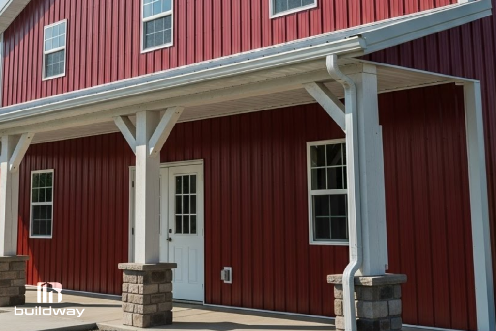 Red agricultural storage building with white trim and a covered entry supported by stone-based columns, designed by Buildway.