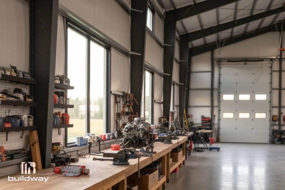 Bright workshop interior showing organized workbenches and large entry doors.