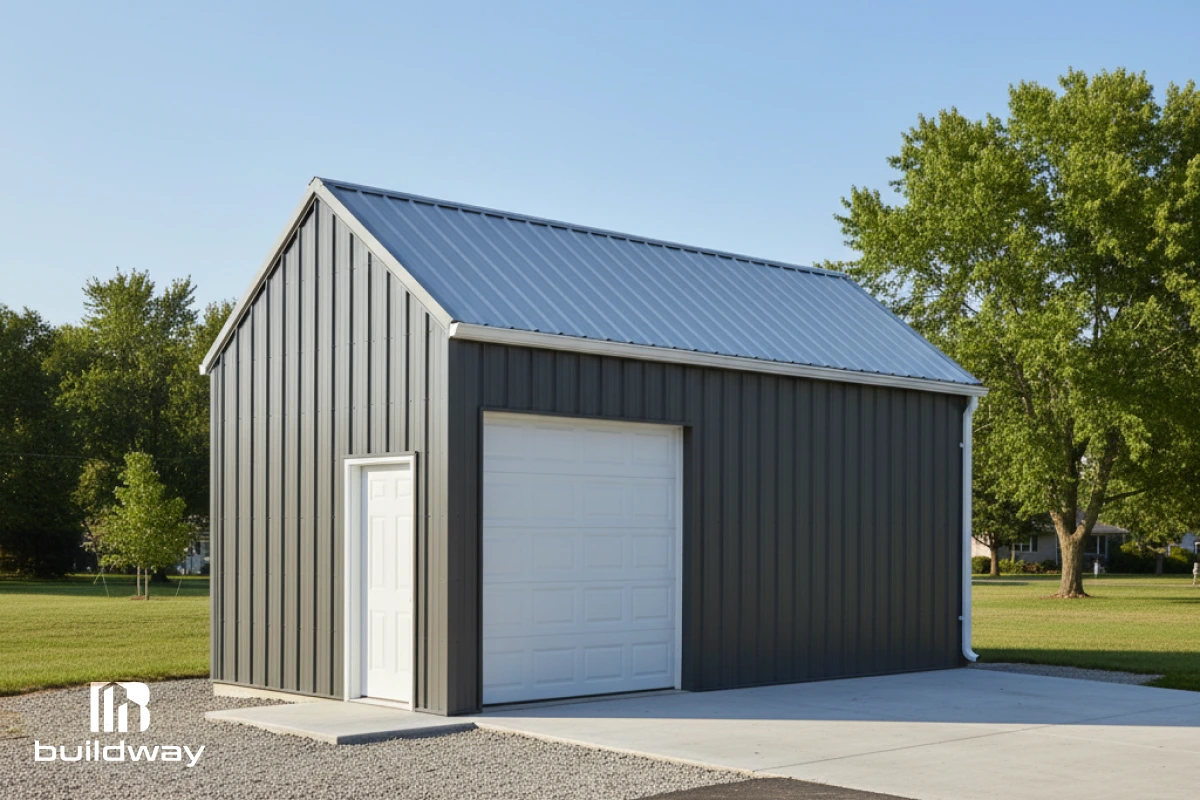 Full exterior corner view of the steel garage, showcasing its simple, functional, and sturdy structure.