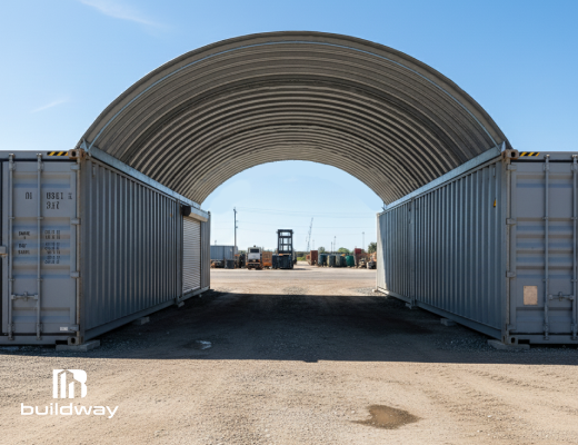 Open farm shelter made from two steel containers with a curved roof, built by Buildway. Used for storing tractors, tools, or other farm equipment.