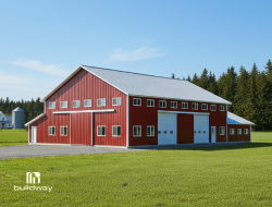 Large red farm building with white trim and big doors, built by Buildway. Used for storing farm equipment, vehicles, or livestock.