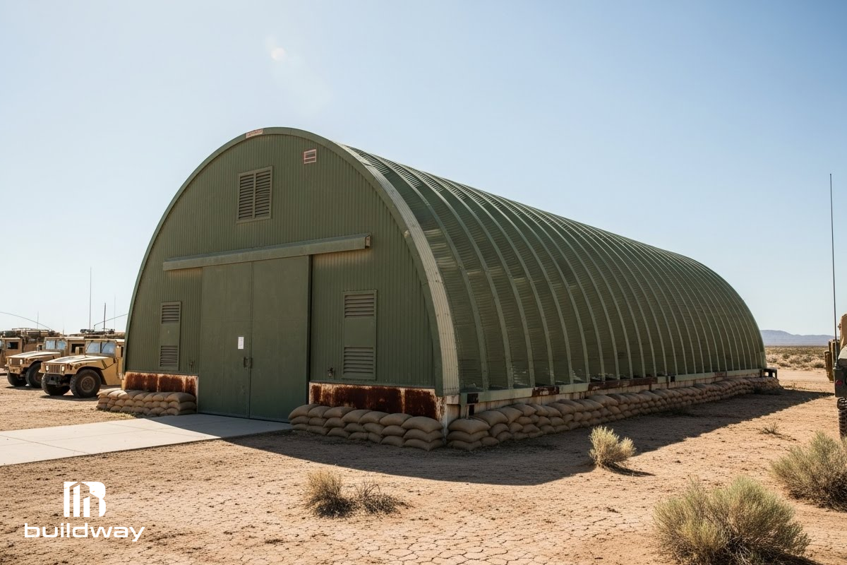 Buildway Quonset hut home with curved metal roof and large glass façade, set on a wooden deck overlooking the ocean at sunset, showcasing warm interior lighting and modern design.