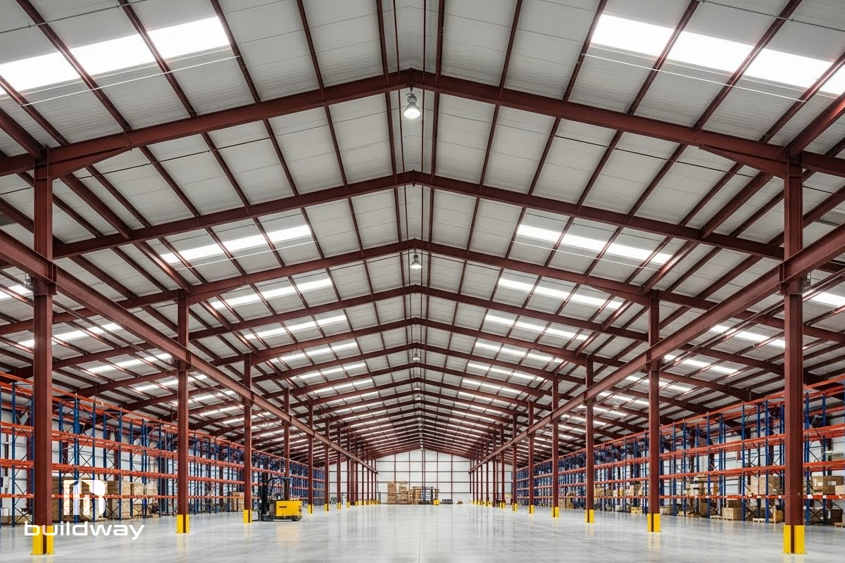 Spacious cold-formed steel (CFS) warehouse interior with red steel framing, white roof panels, and polished concrete floor.