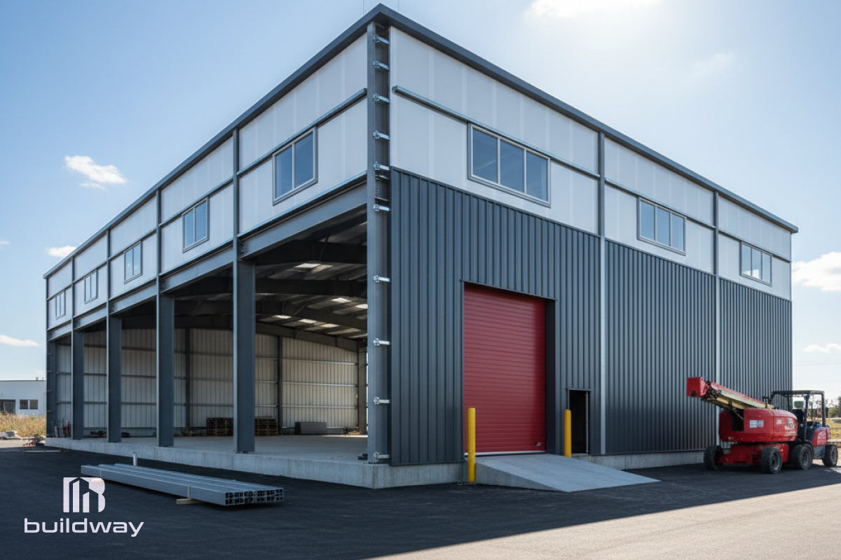 Modern cold-formed steel (CFS) industrial building by Buildway with gray metal cladding, upper windows, and a large red roll-up door, featuring a loading ramp and open interior space.