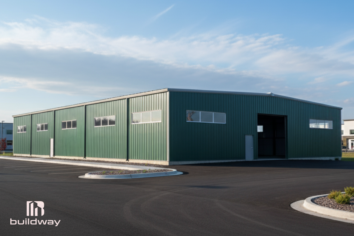 Large green I-beam steel structure by Buildway with multiple windows and a wide entrance, situated on a paved lot under a clear sky.